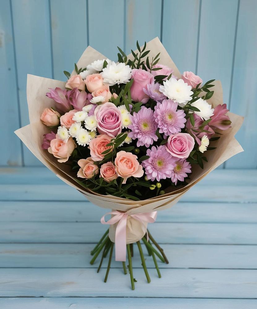 Букет цветов из: Хризантемы, Розы и Альстромерии в Верхний Услон