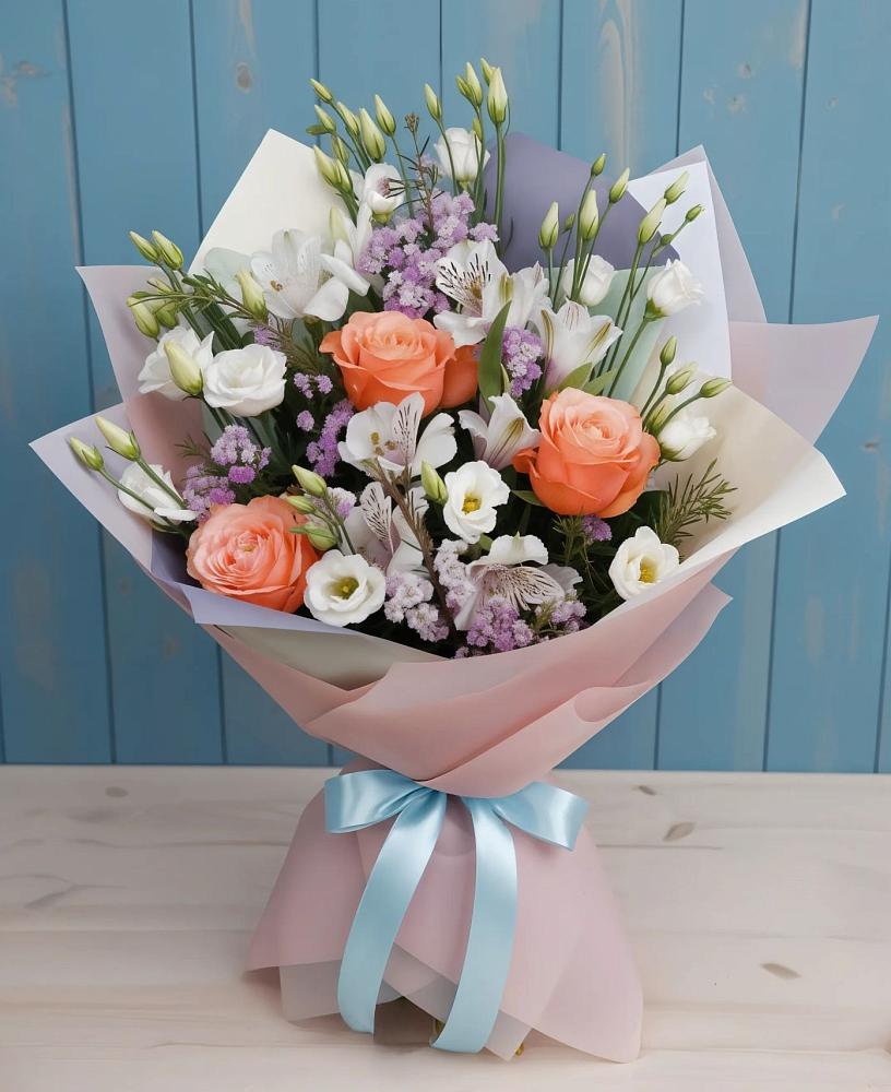 Букет цветов из: Лизиантусы, Розы, Альстромерии и Гипсофила в Верхний Услон