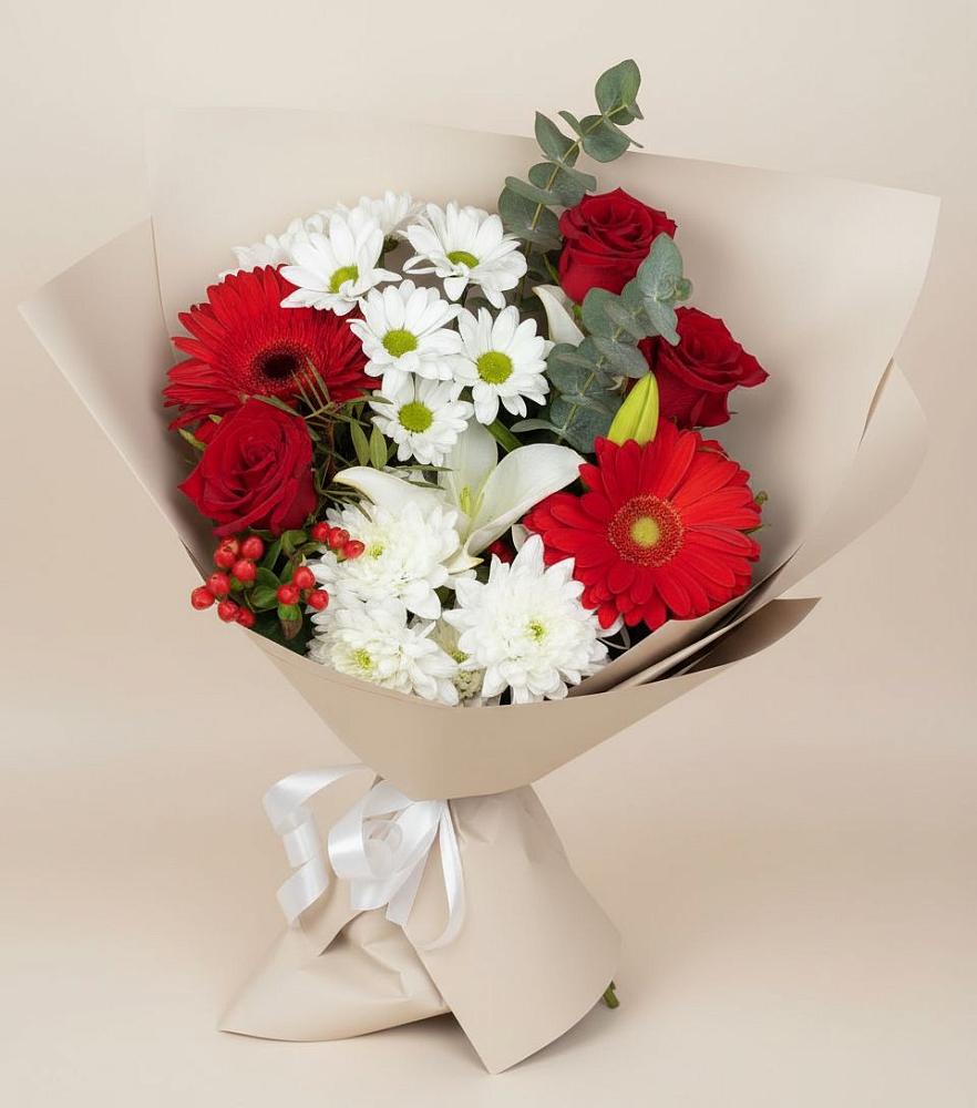 Букет цветов из: Розы, Хризантемы, Герберы и Лилии в Верхний Услон